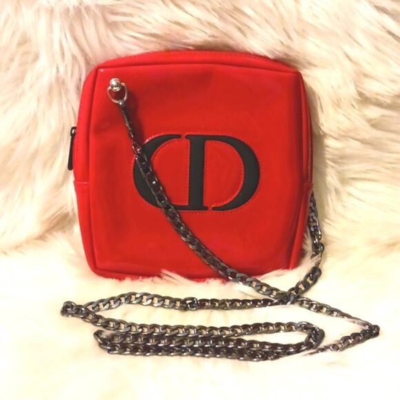 DIOR Crossbody RED w Chic Black Gunmetal Shoulder Chain converted CD Cosm. bag - Picture 1 of 16